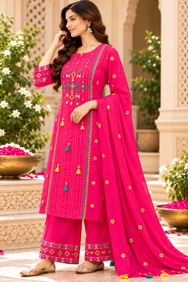 Women’s Hot Pink Embroidered Kurta Set with Palazzo Pants & Matching Dupatta – Traditional Festive Ethnic Wear