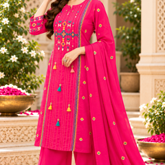 Women’s Hot Pink Embroidered Kurta Set with Palazzo Pants & Matching Dupatta – Traditional Festive Ethnic Wear