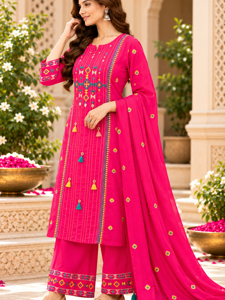 Women’s Hot Pink Embroidered Kurta Set with Palazzo  & Matching Dupatta – Traditional Festive Ethnic Wear