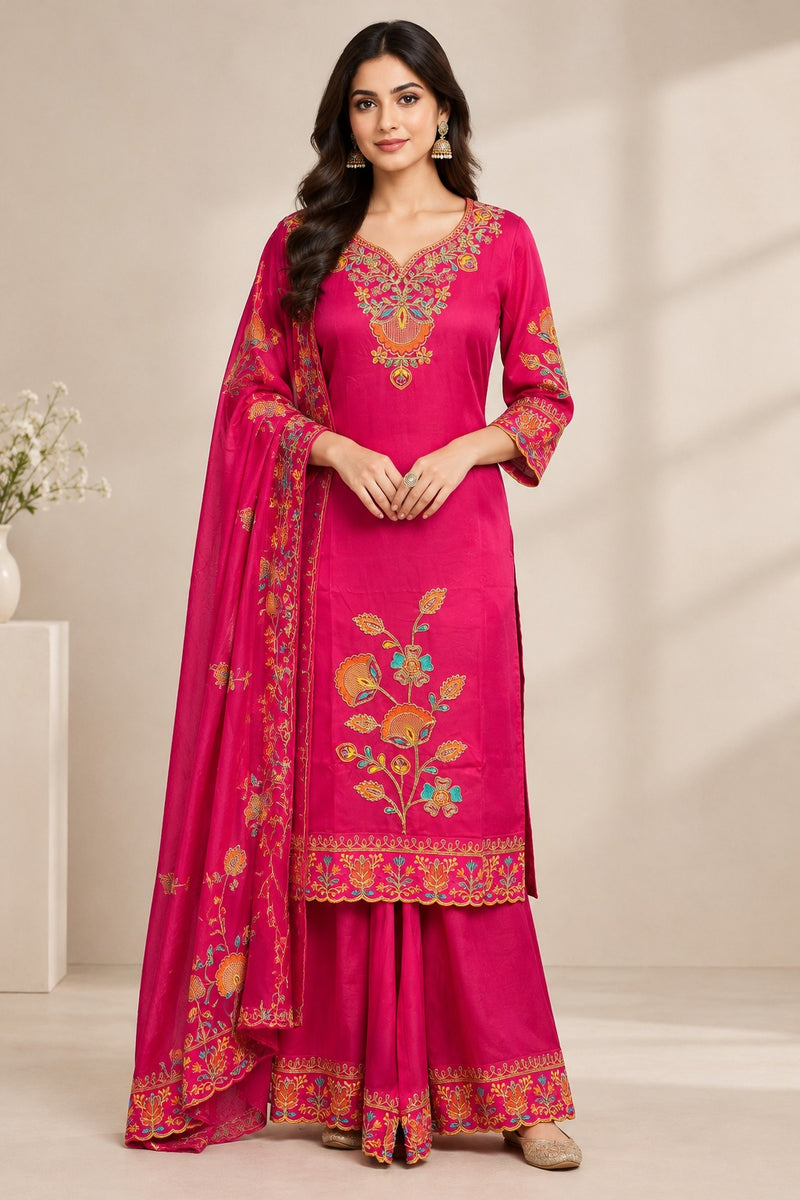 Women Floral Embroidered Regular Thread Work Kurta with Sharara & With Dupatta