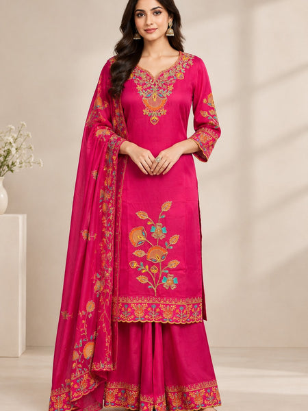 Women Floral Embroidered Regular Thread Work Kurta with Sharara & With Dupatta