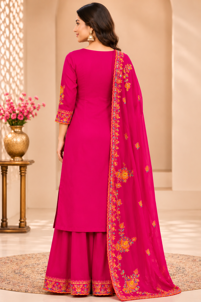 Women Floral Embroidered Regular Thread Work Kurta with Sharara & With Dupatta