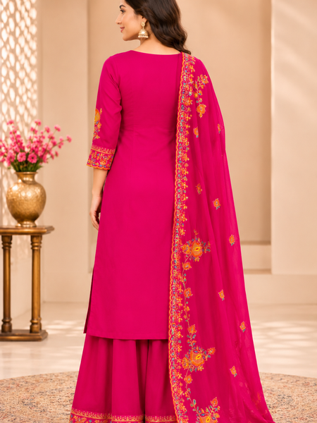 Women Floral Embroidered Regular Thread Work Kurta with Sharara & With Dupatta