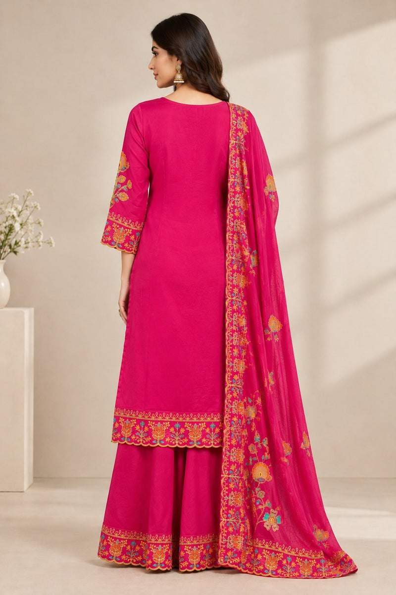 Women Floral Embroidered Regular Thread Work Kurta with Sharara & With Dupatta