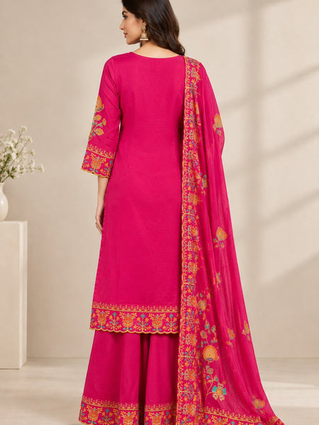 Women Floral Embroidered Regular Thread Work Kurta with Sharara & With Dupatta