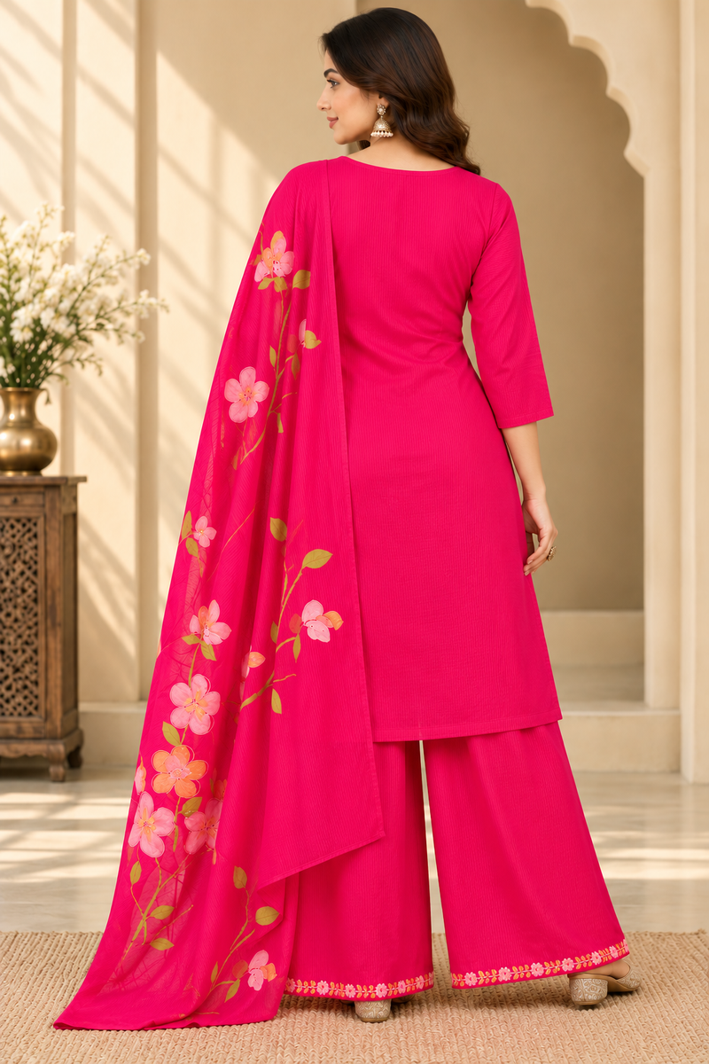Women’s  Pink   Embroidered Kurta Set with Palazzo Pants & Matching Dupatta – Traditional Festive Ethnic Wear
