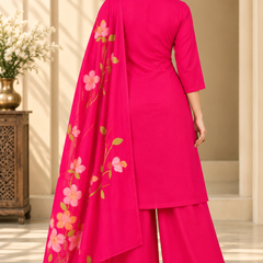 Women’s  Pink   Embroidered Kurta Set with Palazzo Pants & Matching Dupatta – Traditional Festive Ethnic Wear
