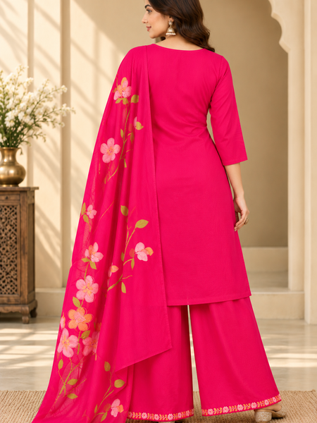 Women’s  Pink   Embroidered Kurta Set with Palazzo Pants & Matching Dupatta – Traditional Festive Ethnic Wear