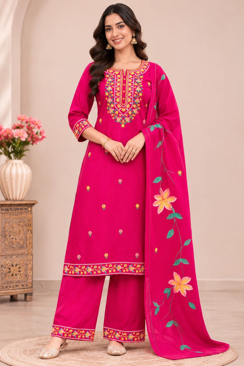 Women  pink   Embroidered Kurta Set with Palazzo  & Matching Dupatta – Traditional Festive Ethnic Wear