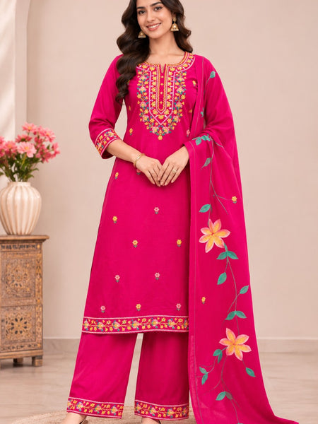 Women  pink   Embroidered Kurta Set with Palazzo  & Matching Dupatta – Traditional Festive Ethnic Wear