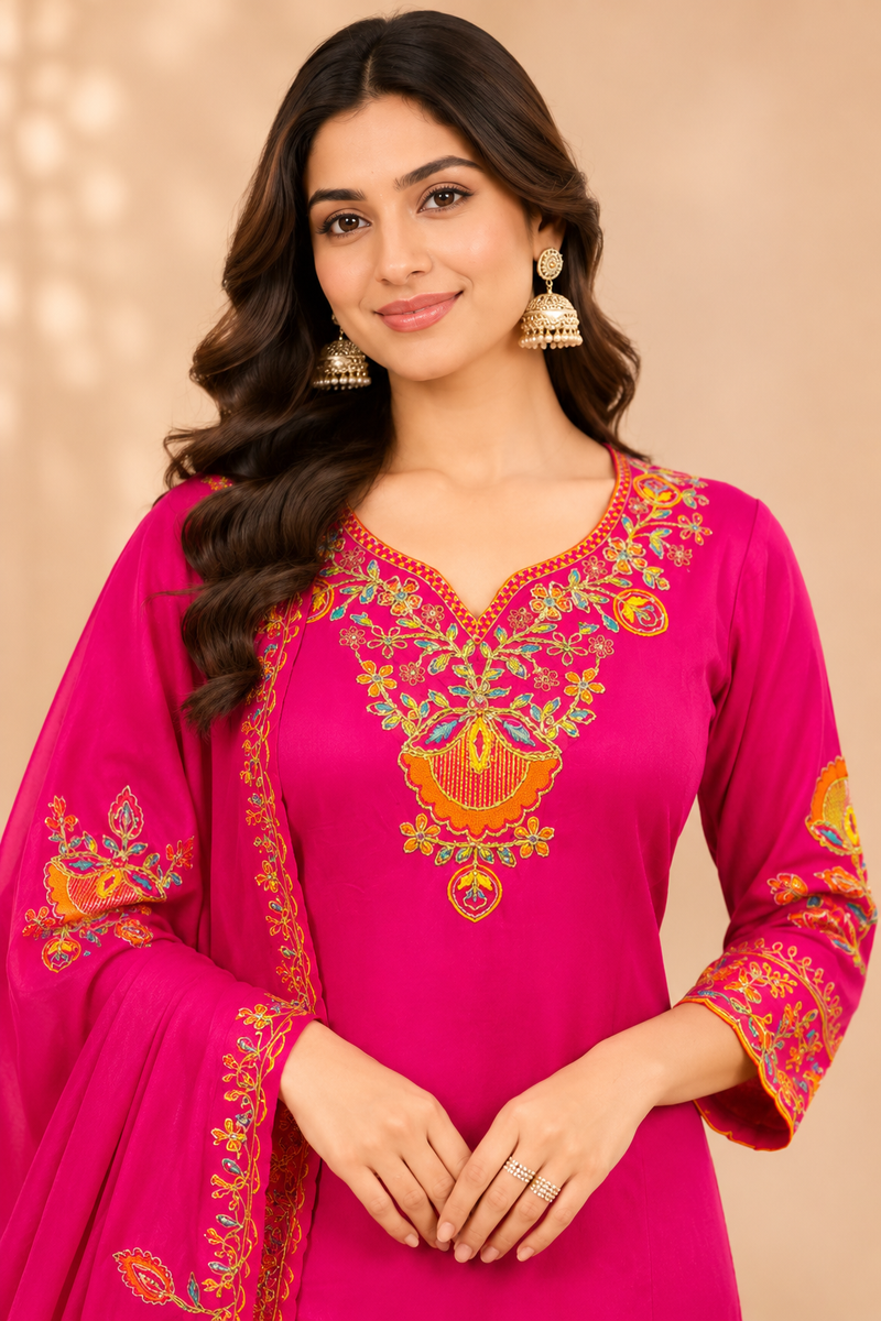 Women Floral Embroidered Regular Thread Work Kurta with Sharara & With Dupatta
