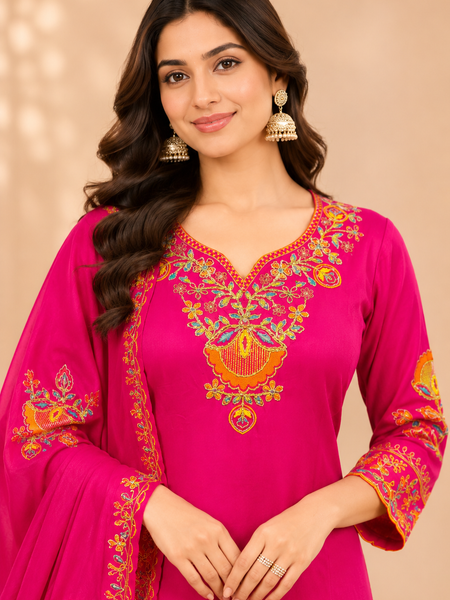 Women Floral Embroidered Regular Thread Work Kurta with Sharara & With Dupatta
