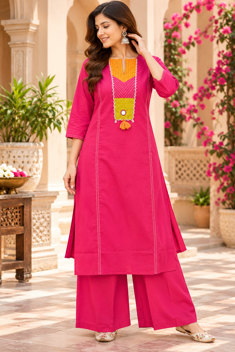 Women’s Pink   Embroidered Kurta Set with Palazzo  – Traditional Festive Ethnic Wear