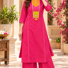Women’s Pink   Embroidered Kurta Set with Palazzo  – Traditional Festive Ethnic Wear