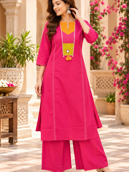 Women’s Pink   Embroidered Kurta Set with Palazzo  – Traditional Festive Ethnic Wear