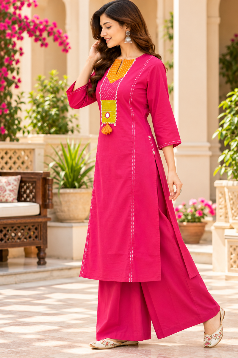 Women’s Pink   Embroidered Kurta Set with Palazzo  – Traditional Festive Ethnic Wear