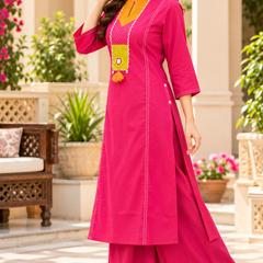 Women’s Pink   Embroidered Kurta Set with Palazzo  – Traditional Festive Ethnic Wear
