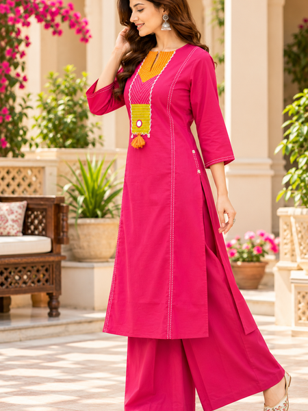 Women’s Pink   Embroidered Kurta Set with Palazzo  – Traditional Festive Ethnic Wear