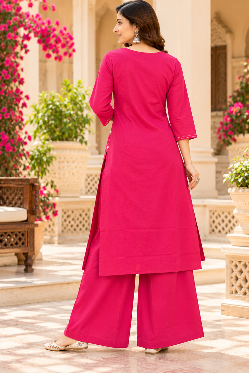 Women’s Pink   Embroidered Kurta Set with Palazzo  – Traditional Festive Ethnic Wear