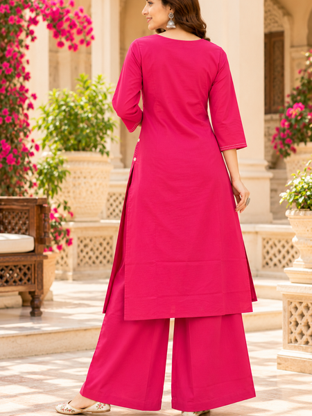 Women’s Pink   Embroidered Kurta Set with Palazzo  – Traditional Festive Ethnic Wear