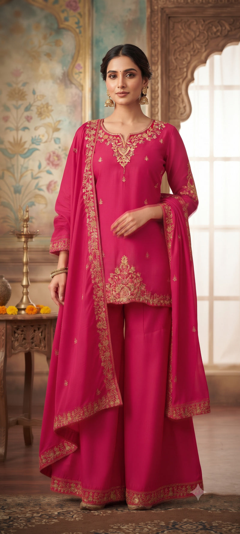 Women Ethnic Motifs Embroidered Regular Kurta with Palazzos & With Dupatta