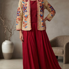 Women brown   Embroidered cord Set with Palazzo  & Matching Dupatta – Traditional Festive Ethnic Wear