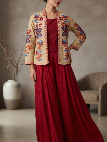 Women brown   Embroidered cord Set with Palazzo  & Matching Dupatta – Traditional Festive Ethnic Wear