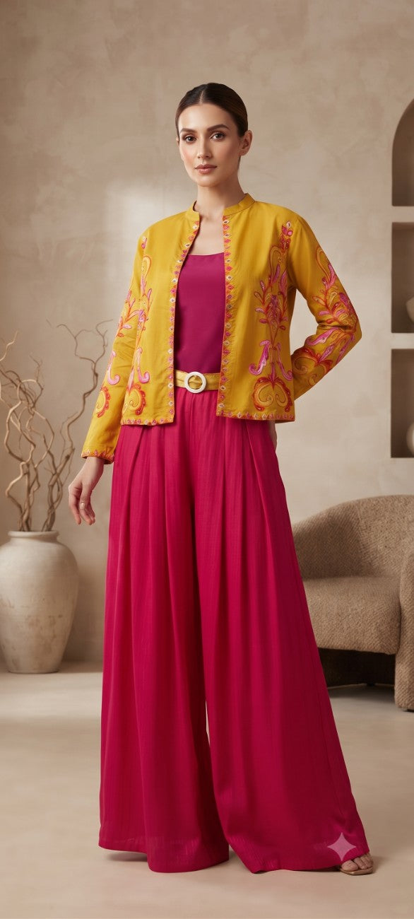 Women yellow   Embroidered cord  Set with Palazzo  & Matching Dupatta – Traditional Festive Ethnic Wear