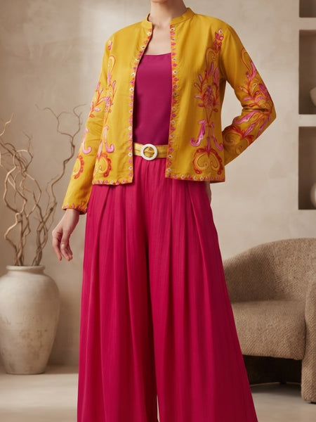 Women yellow   Embroidered cord  Set with Palazzo  & Matching Dupatta – Traditional Festive Ethnic Wear