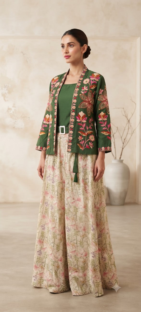 Women green   Embroidered cord  Set with Palazzo  & Matching Dupatta – Traditional Festive Ethnic Wear