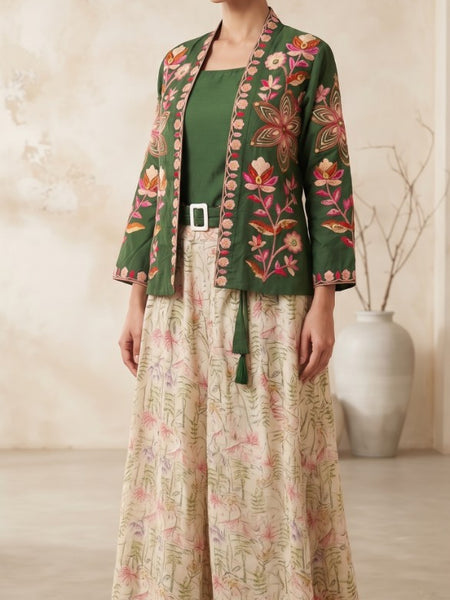 Women green   Embroidered cord  Set with Palazzo  & Matching Dupatta – Traditional Festive Ethnic Wear