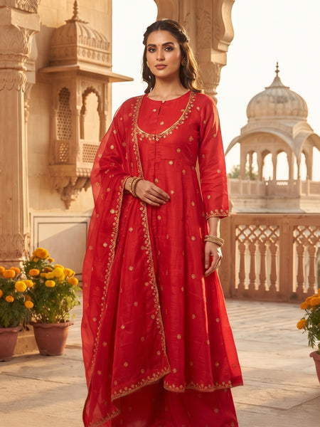 Women Ethnic Motifs Embroidered Regular Pure Silk Kurta with Palazzos & With Dupatta