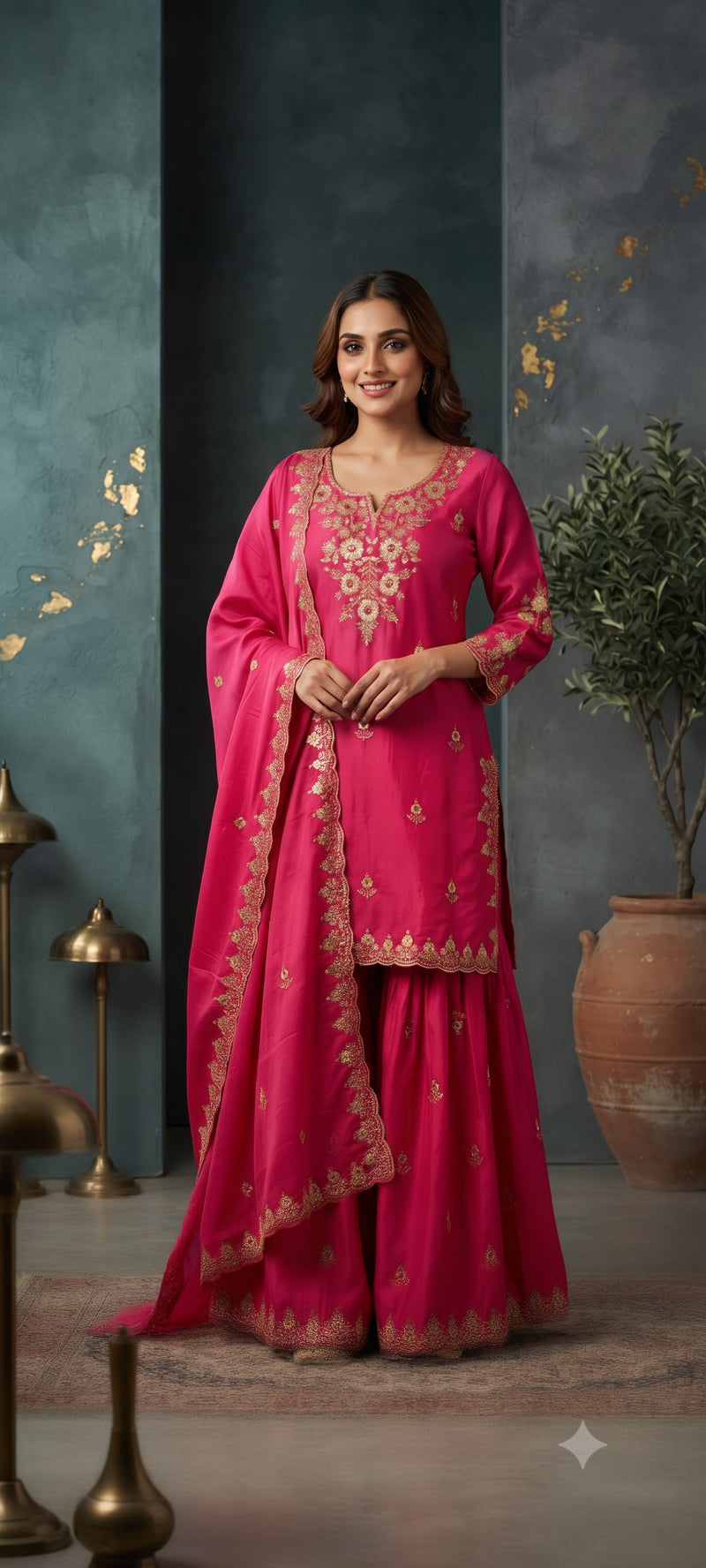Women Ethnic Motifs Embroidered Regular Kurta with Sharara & With Dupatta