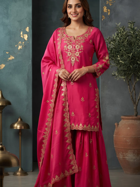 Women Ethnic Motifs Embroidered Regular Kurta with Sharara & With Dupatta