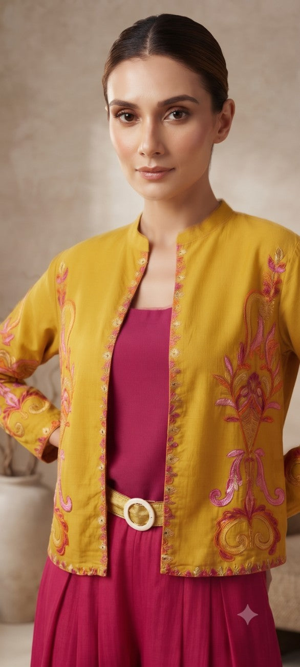 Women yellow   Embroidered cord  Set with Palazzo  & Matching Dupatta – Traditional Festive Ethnic Wear