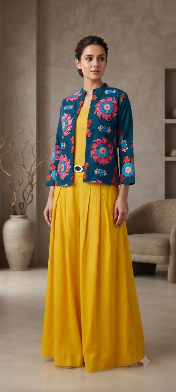 Women blue   Embroidered cord  Set with Palazzo  & Matching Dupatta – Traditional Festive Ethnic Wear