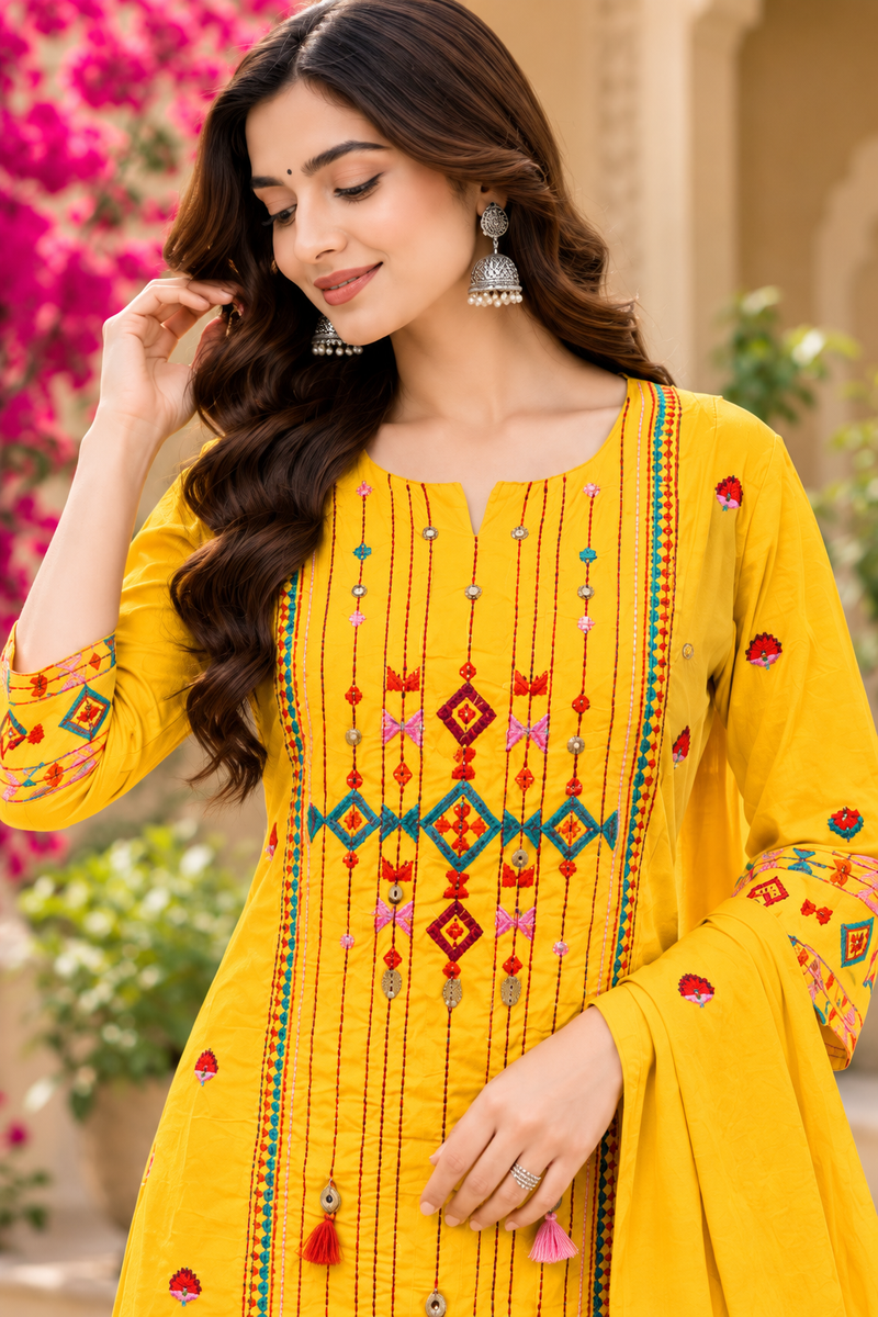 Women’s Yellow  Embroidered Kurta Set with Palazzo Pants & Matching Dupatta – Traditional Festive Ethnic Wear