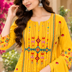 Women’s Yellow  Embroidered Kurta Set with Palazzo Pants & Matching Dupatta – Traditional Festive Ethnic Wear