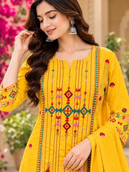 Women’s Yellow  Embroidered Kurta Set with Palazzo Pants & Matching Dupatta – Traditional Festive Ethnic Wear