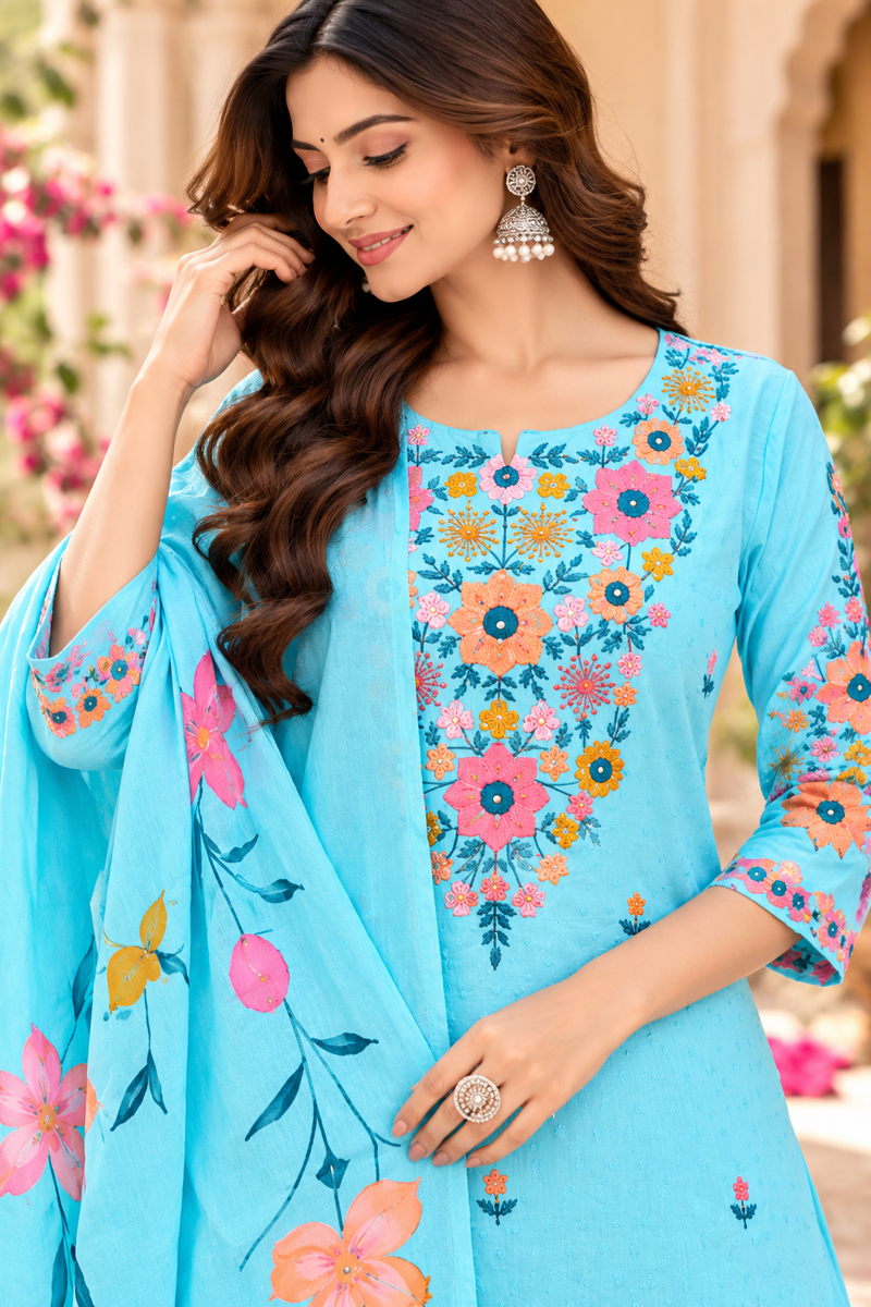 Women’s Turquoise blue    Embroidered Kurta Set with Palazzo Pants & Matching Dupatta – Traditional Festive Ethnic Wear