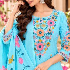 Women’s Turquoise blue    Embroidered Kurta Set with Palazzo Pants & Matching Dupatta – Traditional Festive Ethnic Wear