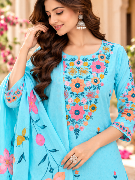 Women’s Turquoise blue    Embroidered Kurta Set with Palazzo Pants & Matching Dupatta – Traditional Festive Ethnic Wear