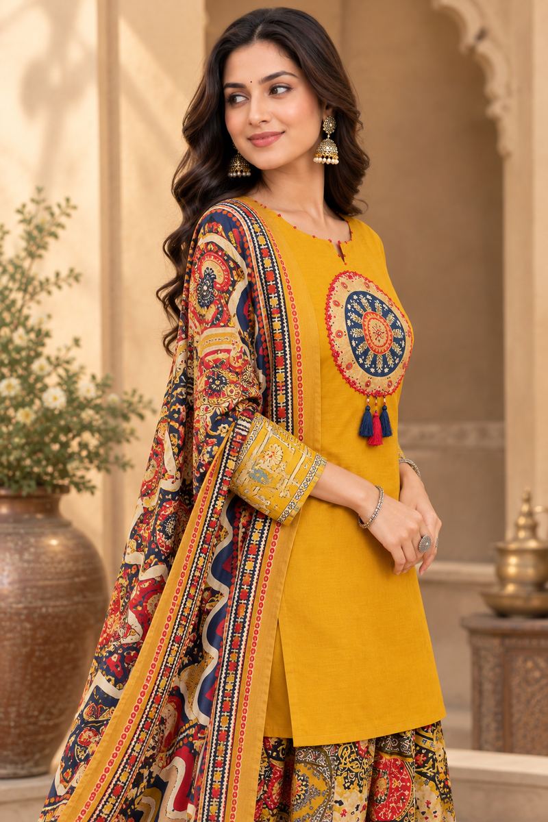 Women Yellow   Embroidered Kurta Set with Palazzo Pants & Matching Dupatta – Traditional Festive Ethnic Wear