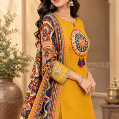 Women Yellow   Embroidered Kurta Set with Palazzo Pants & Matching Dupatta – Traditional Festive Ethnic Wear