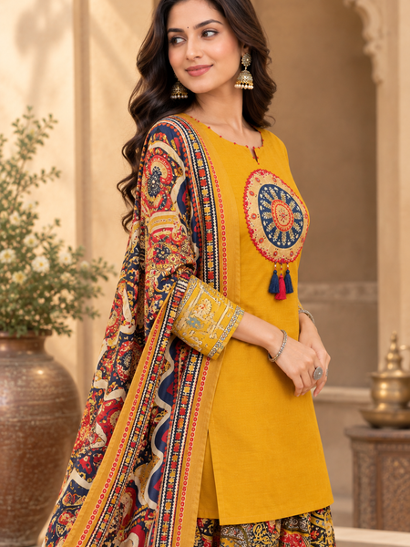 Women Yellow   Embroidered Kurta Set with Palazzo Pants & Matching Dupatta – Traditional Festive Ethnic Wear