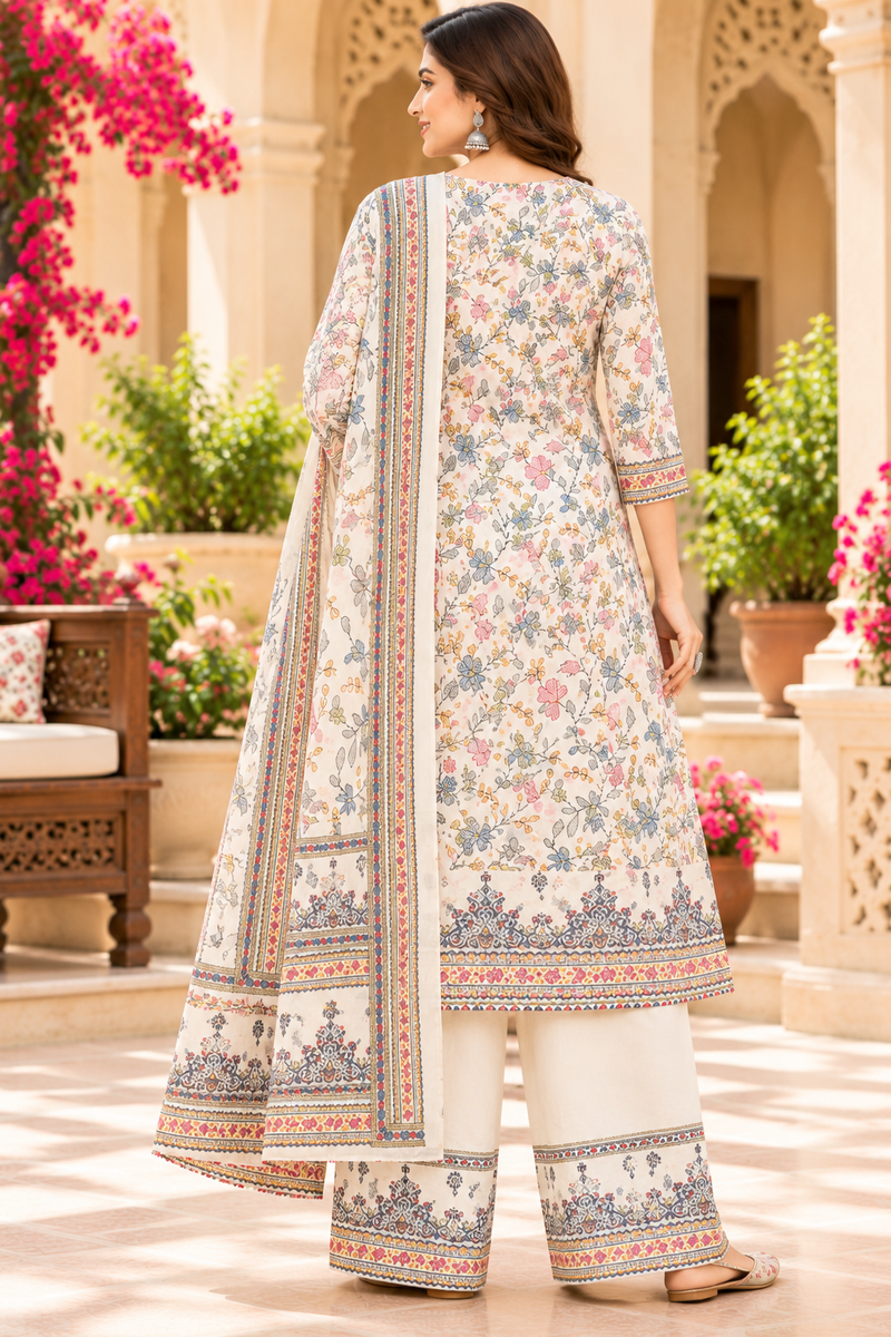 Women’s  White    Embroidered Kurta Set with Palazzo Pants & Matching Dupatta – Traditional Festive Ethnic Wear