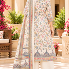 Women’s  White    Embroidered Kurta Set with Palazzo Pants & Matching Dupatta – Traditional Festive Ethnic Wear