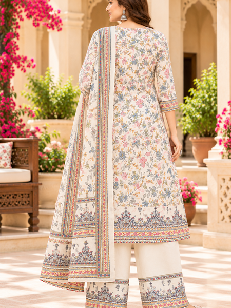 Women’s  White    Embroidered Kurta Set with Palazzo Pants & Matching Dupatta – Traditional Festive Ethnic Wear
