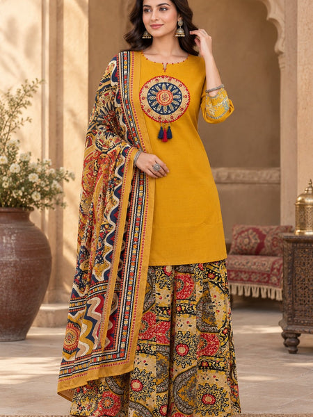 Women Yellow   Embroidered Kurta Set with Palazzo Pants & Matching Dupatta – Traditional Festive Ethnic Wear