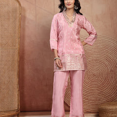 Blush Pink Silk Tunic Palazzo Set with V-Neck